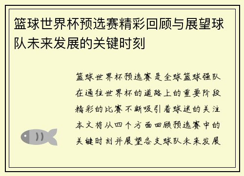 篮球世界杯预选赛精彩回顾与展望球队未来发展的关键时刻