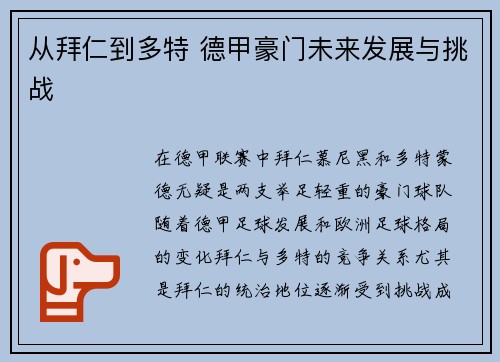 从拜仁到多特 德甲豪门未来发展与挑战